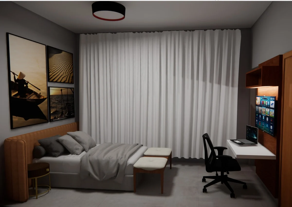 Modelo Casa Térrea Família de 80m² - suíte com mesa de trabalho